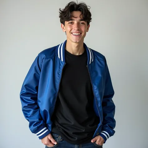 man,  White , 16-year-old adolescent, beautiful, high,  Black hair, black jersey with blue team jacket over the jersey, jeans pants, Smile brown eyes, muscular, athletic, thin