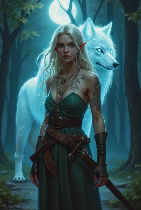 A 17-year-old half-elf ranger with blonde hair, softly waving to her shoulders, tinged with silver. Standing at 5'6" and 130 lbs, her lithe frame reflects agility and resilience. Her glowing silver-blue eyes hint at a deep connection to magic and nature. I...