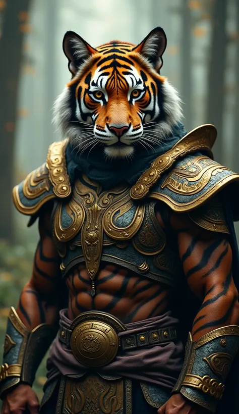  An anthropomorphic warrior with tiger features ,  with a face decorated with tribal patterns and an ornate mask of gold and silver.  He wears an armor rich in details with elements of tribal style ,  including intricate medallions and talismans .  The lig...