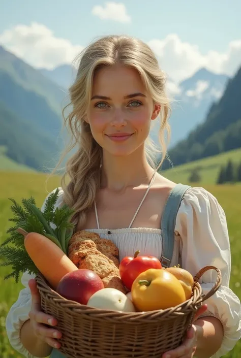 beautiful switzerland woman with a basket full of shopping