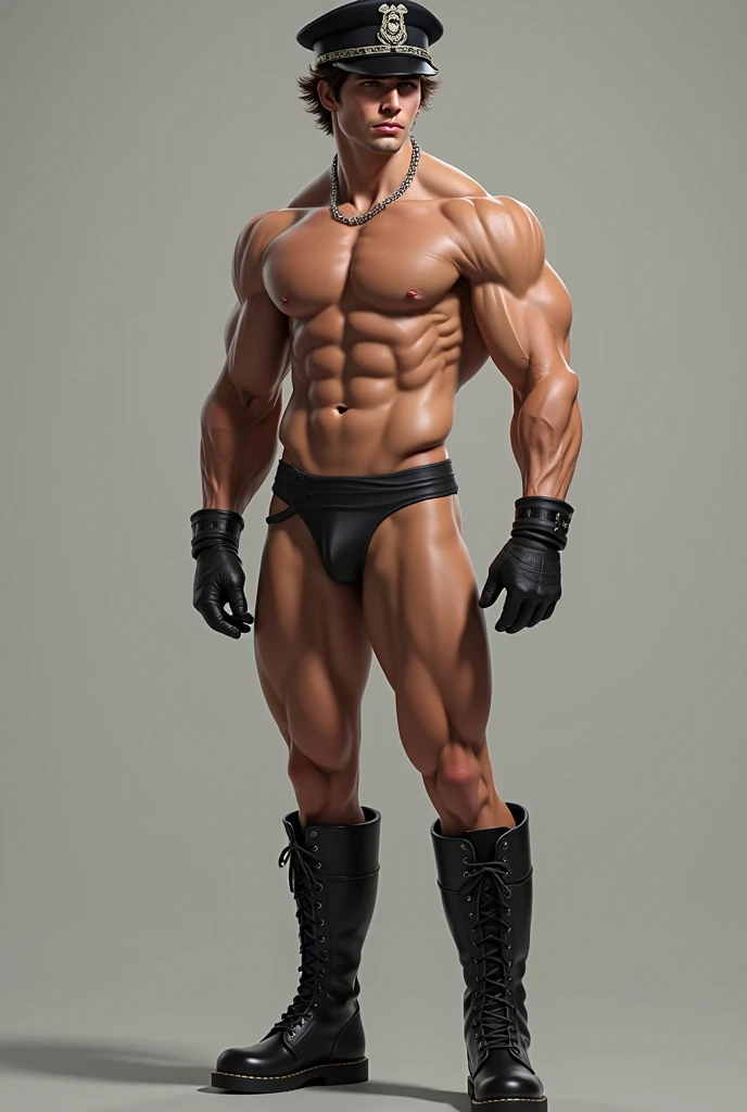 Handsome and muscular but very muscular boy with brown hair and dark brown eyes, wearing a skin-colored thong that has a long and thick bump with police cap sexy black boots and black gloves