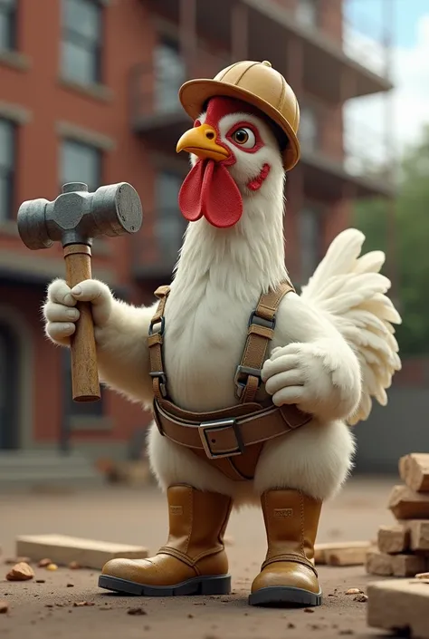 I need a chicken holding a hammer, wearing boots and the engineer's cap standing before a building.