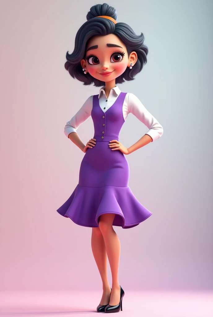 Woman with purple skirt and purple vest and white shirt and black heels in Pixar 3D