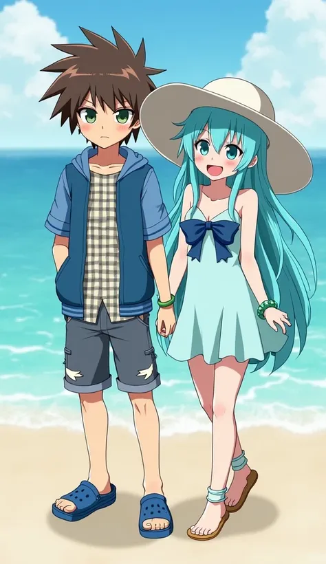 anime  boy with green eyes brown long spiky hair ponytail hanging from the head short sleeved blue jacket checkered shirt ripped shorts blue crocs with  girl with big white sun hat long sky blue waterfall hair blue eyes aquamarine halter dress white collar...