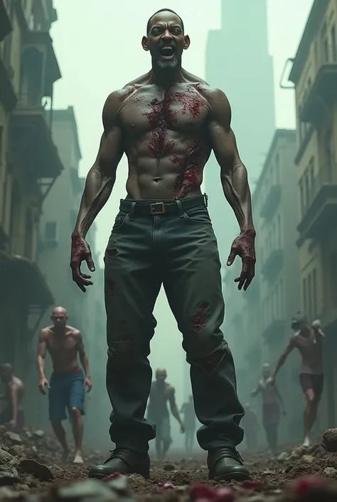 Will Smith's full body turned into a zombie in a city full of zombies and the opposite looks like a zombie