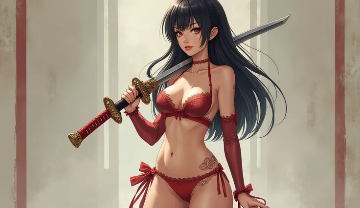 Anime girl with big breasts and big ass wearing sexy lingerie with samurai sword in her hand 