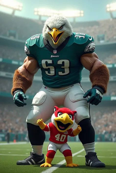 Make a muscular man with an eagle's head, With the Philadelphia Eagles jersey humiliating the Chiefs' mascot