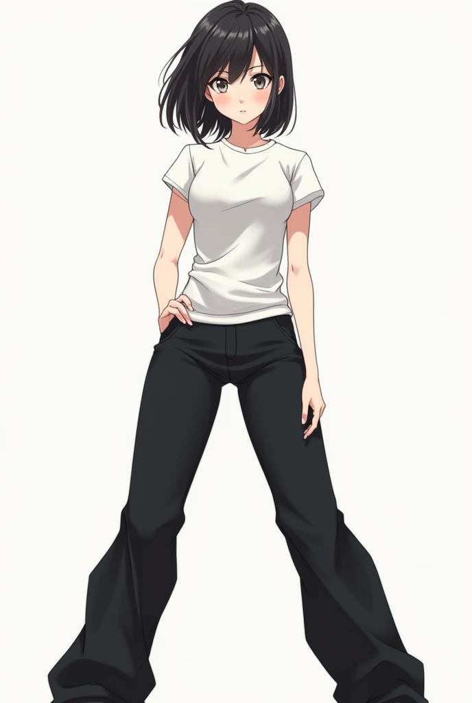 Anime girl in black pants and white t-shirt in a big ass position , white skin tone