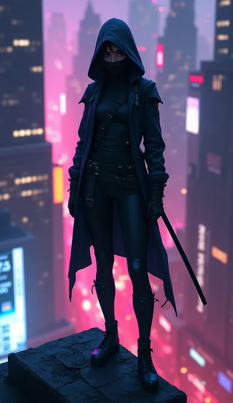 a shadow ninja girl standing at the top of building, neon light background