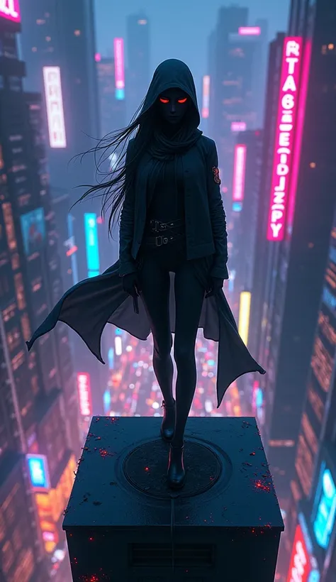 a shadow ninja girl standing at the top of building, neon light background