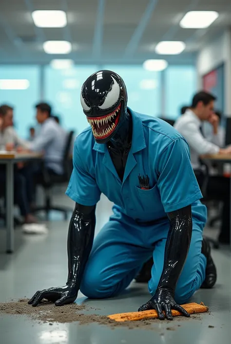 "Imagine o Venom,  the famous Marvel antihero , dressed in a cleaner's uniform . He is in a modern office, kneeling on the floor scrubbing dirt with a hand scrub.  His shiny black body contrasts with the light blue uniform ,  and he has a fun expression as...