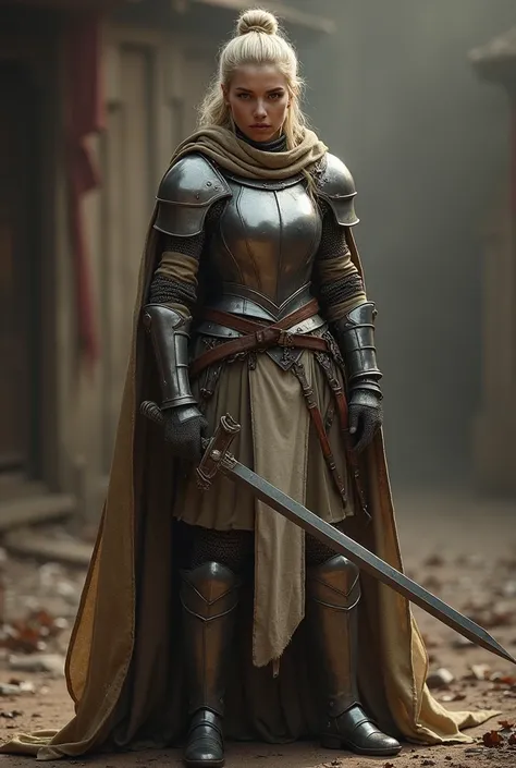 A full body medieval RPG character: female knight, elf, 40 years old, order of light, tough, serious, warrior expression, tied up hair, bun, light blonde hair, female instructor, metal boots, medieval training ground background , realistic, high quality, m...