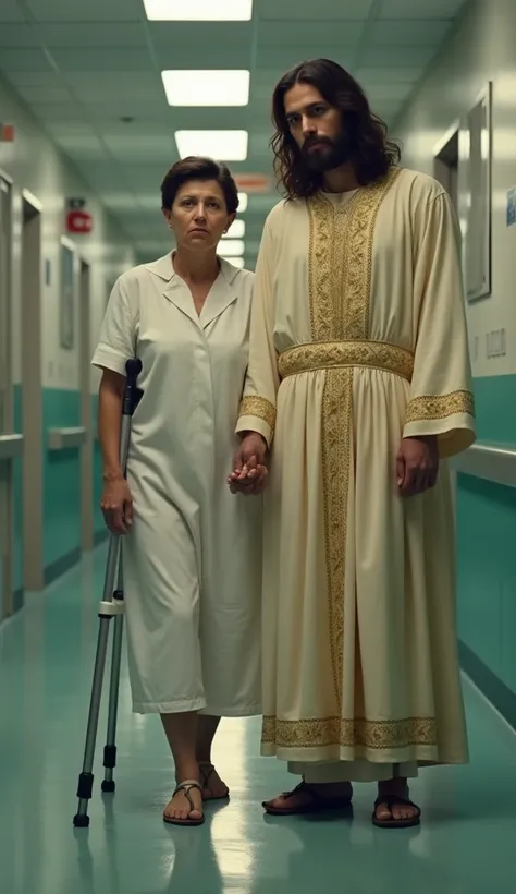 Create an ultra-realistic, distant image of Jesus Christ, with a compassionate expression, standing gently beside a small, fair-skinned woman on crutches in a sterile, dimly lit hospital intensive care unit hallway. Jesus stands next to the , holding her h...