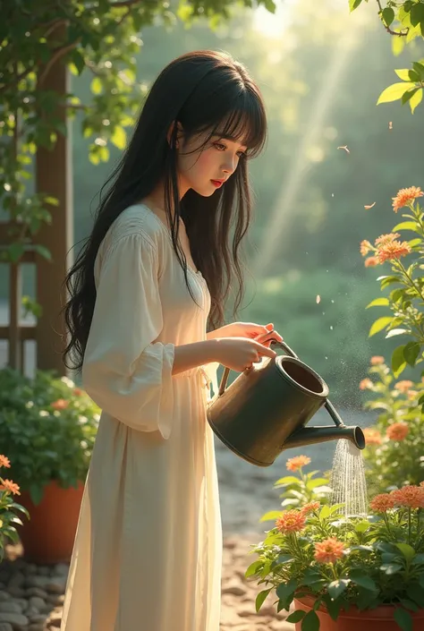 "A hyper-realistic young woman named Azuka Niciko, depicted with natural human proportions and lifelike details. She is watering plants in her garden, holding a traditional watering can in her hands. Her long, straight, jet-black hair flows gracefully down...