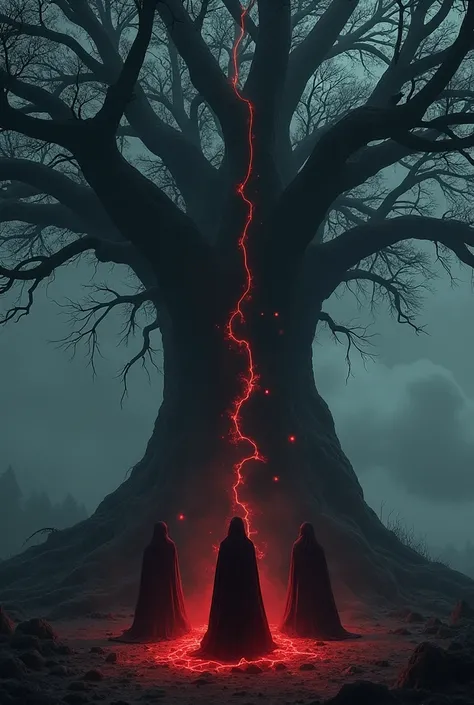 The black Tree of Life with black roots, in the night time, dark sky, 3 spirits of women near by the tree with a red thread in their hands, 3 witches, dark red clothing, Power, storm, darkness
