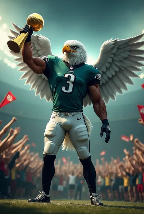 Create an eagle-headed man ,  wearing a Philadelphia Eagles jersey winning the Super Bowl