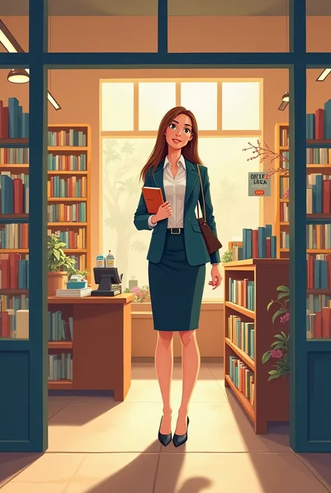 A young woman who left the office entered a store and bought a book.  cartoon 