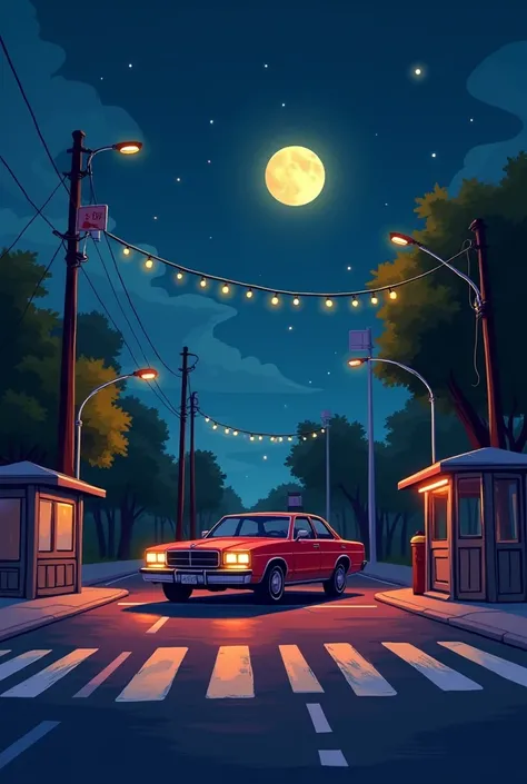 Assault on a summer night, Make a red car stand at the sign in the middle of the street, with a crosswalk in front and a bus stop next door. Make a yellow lighting,  a new Moon highlighted in the sky and the colors dark blue, yellow and pink stand out in t...