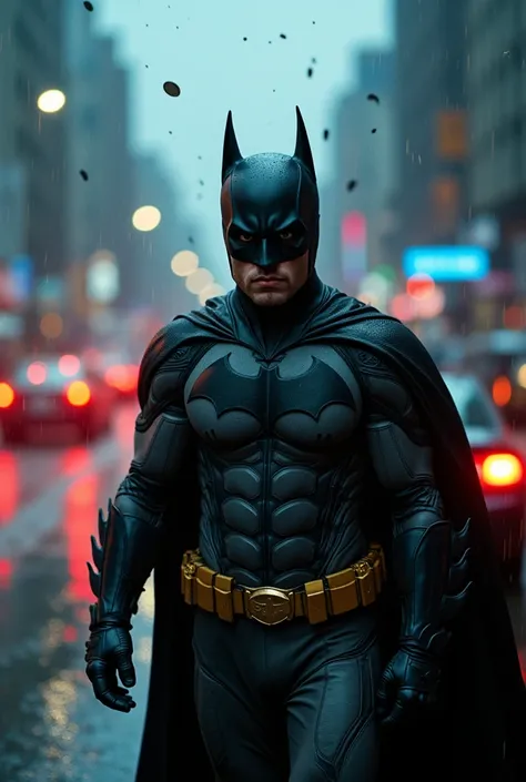 Robert Pattinson’s Batman dressed in his iconic black bat suit, walking through the chaotic city center with blurs of high-speed cars streaking in the background, their taillights emitting smoky neon effects that blend into the wet pavement; above, the sto...