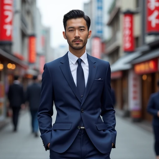 Real image photo image
Slim and handsome Simpson, whose costume is decided in a blue suit, walks the streets of Asakusa as a model