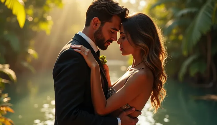 Guy in a suit and girl in a bikini are kissing and hugging each other.