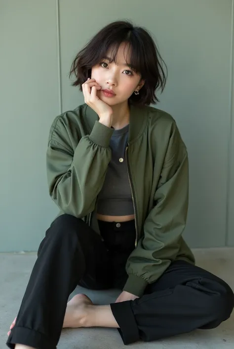 arafed woman sitting on the floor with her hand on her chin, cropped shirt with jacket, with short hair, she is wearing streetwear, woman in streetwear, casual clothing style, ad image, grey colored bomber jacket, japanese streetwear, wearing dark green bo...