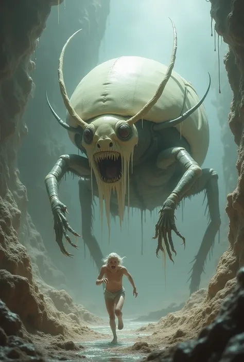 Create a monster called the white juice beetle ,  and it's running after a white-skinned human
