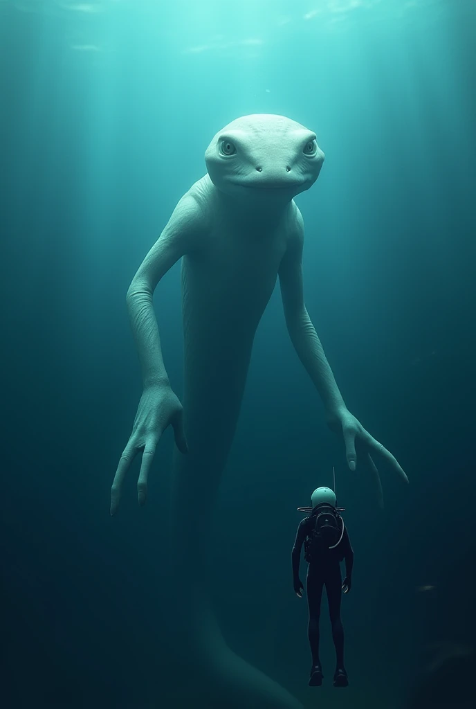 " A giant creature submerged in the deep ocean ,  with a soft white body that resembles an amphibian. The creature has small eyes ,  an eerily calm expression ,  and long arms with thin fingers . next to,  a small diver wearing diving suits ,  highlighting...