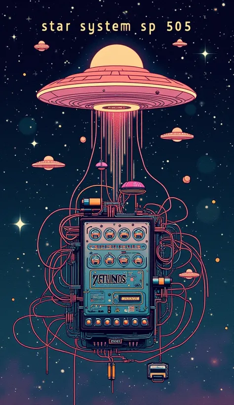 lo-fi hip-hop single cover , track title "Star System SP 505 ", beautiful title with track title , the cover concept is a space intertwined with wires and flying saucers in the center of which there is an incomprehensible device with a bunch of buttons, hi...