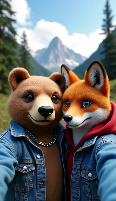  The image shows two anthropomorphic figures ,  one with features of a bear and the other of a fox .  Both are wearing denim jackets and taking a selfie in a natural environment with mountains and trees in the background.

Figure 1 (Left):

 It has the hea...