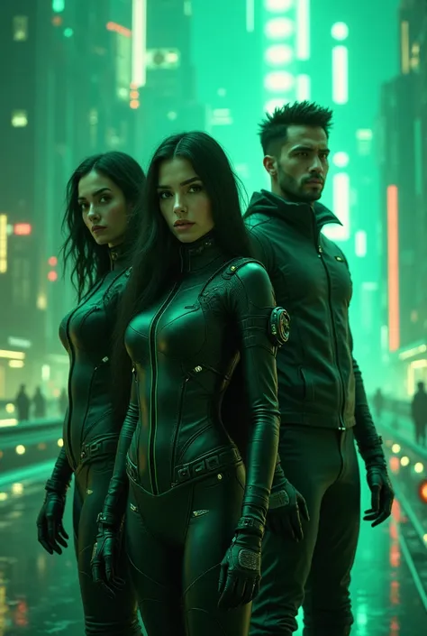 Create in just one futuristic cyberpunk style image in shades of green  , Where there is a dark-haired Caucasian woman, another Caucasian woman with long dark hair and a Caucasian man 