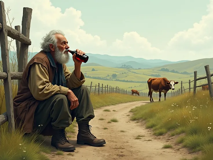 Old tramp with a bottle of wine on a path surrounded by fields and cows