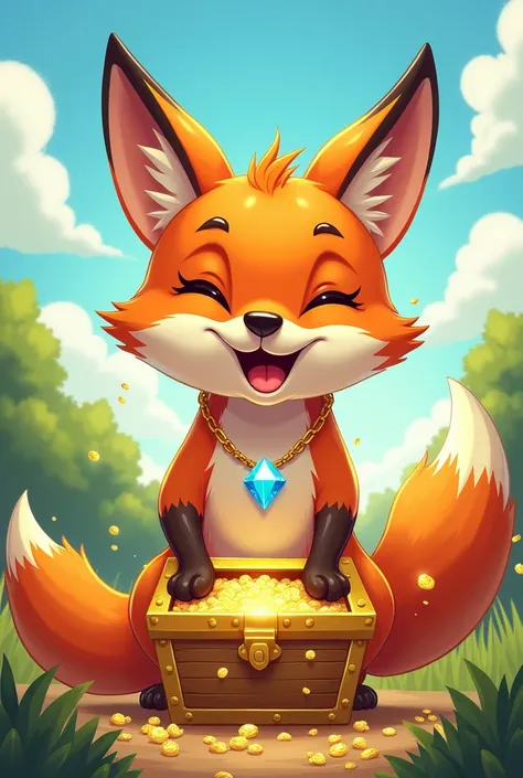 A smiling fox in front of an open golden chest containing a necklace of sparkling crystals.  The sun shines in the sky .the comic drawing  