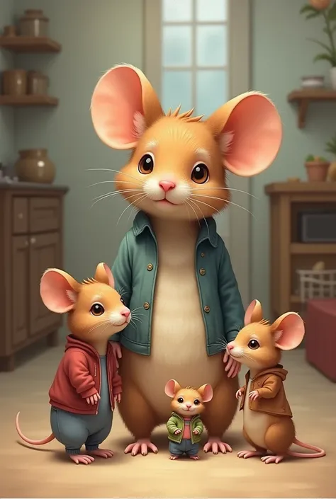 A mouse with a human body with its family 
