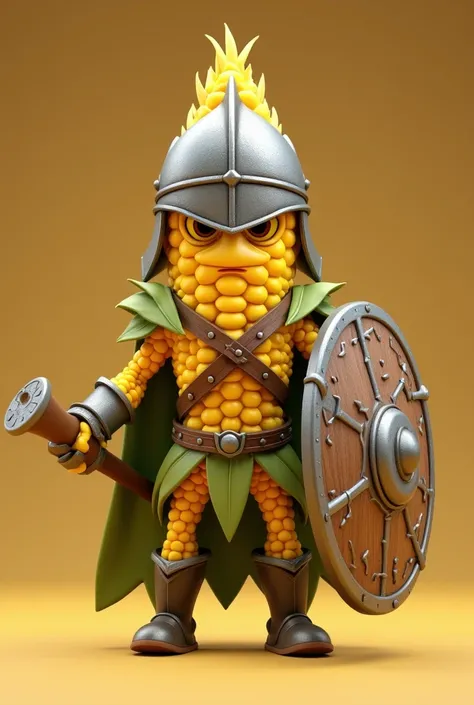 Animated real yellow corn in 3d with shield and helmet, challenging forward looking forward and being serious 