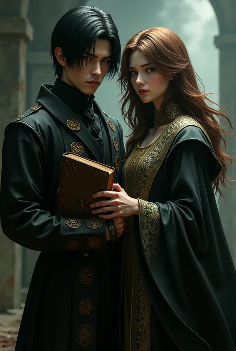 male, black hair, green eyes, priest outfit, holding bible, full body, resident evil 8 design, next to a woman, brown hair, brown eyes, saint's (nun) outfit. They are both exorcists. Realistic