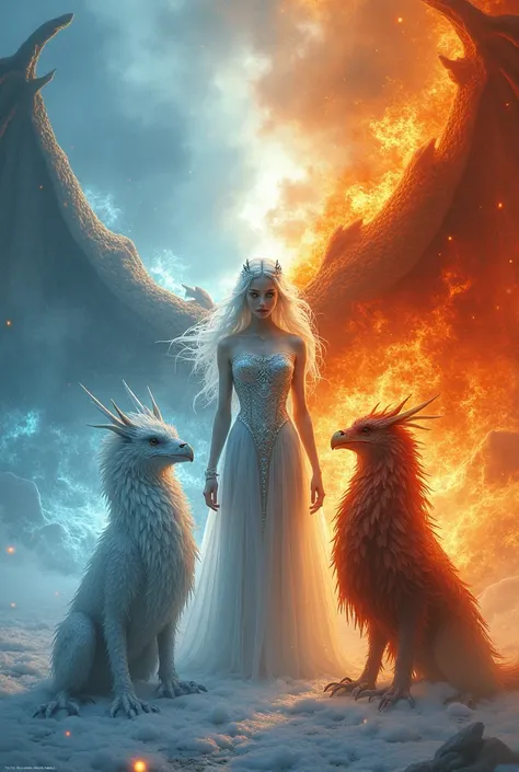 an ice queen with her dragon confronting the Fire King with her Phoenix