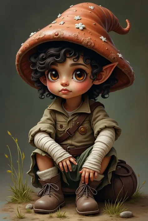 Dark-skinned gnome elf, dark brown short curled hair, dark brown eyes caramel, Bandaged body sitting, With mushroom hat on the head, com short marrom,  brown boots and white socks, Hand bandaged, bag per side, Sitting and serious 