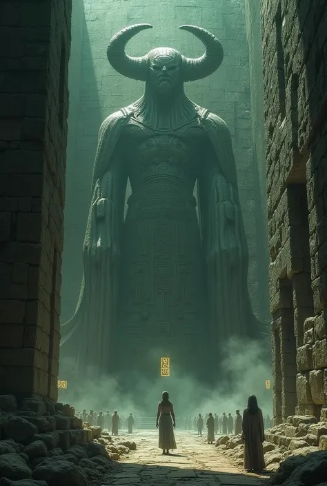 An ancient temple with carvings of giant humanoid figures towering over humans, the symbols glowing faintly as if preserving a forgotten story.”