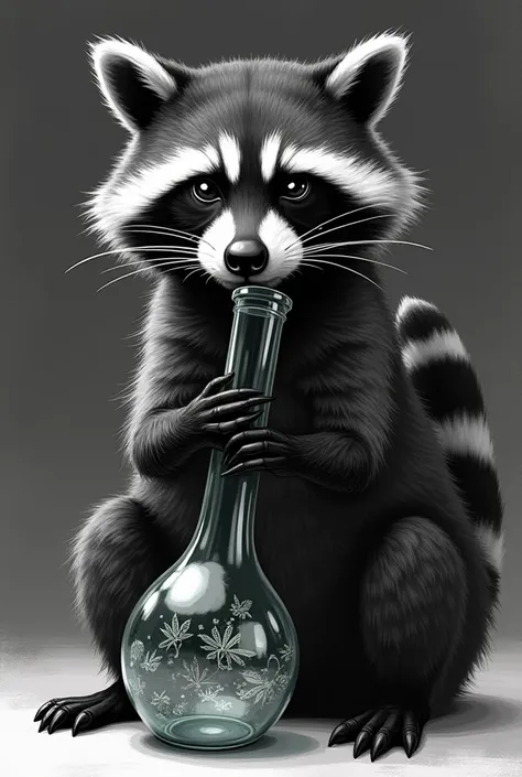 A black and white raccoon smoking from a bong