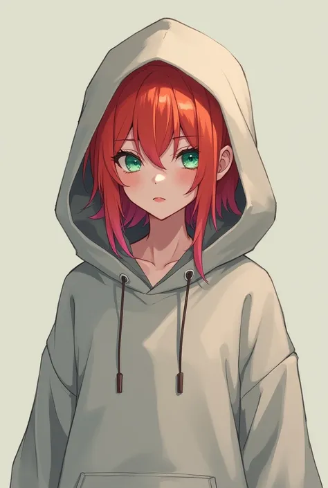 An ager, a mix of a red-haired boy and a pink-haired girl. with green eyes. Oversize hoodie