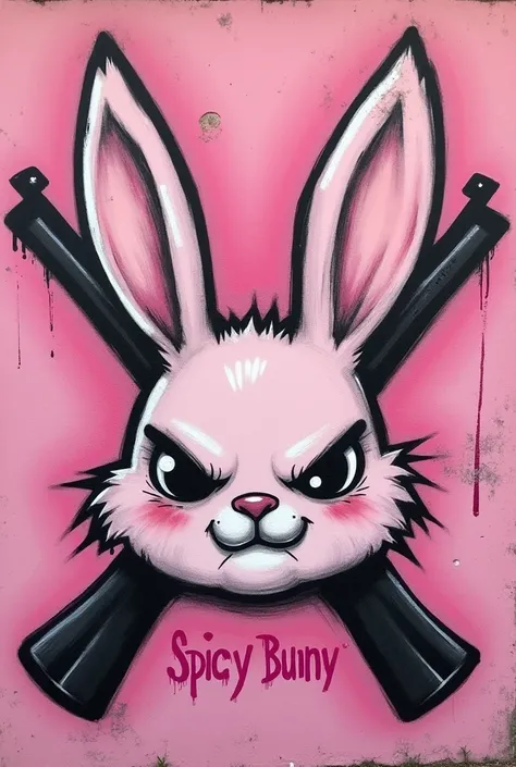  Graffiti drawn of a criminal gang with the face of a light pink rabbit and that their ears are not that big, with angry eyes and behind the rabbit there is a pink background with two aks making a cross . That in the lower right part it says "Spicy Bunny "...