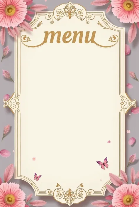 Create a period themed menu with gold colors, pastel pink, pastel purple and cream for a coffee shop and pastry shop 