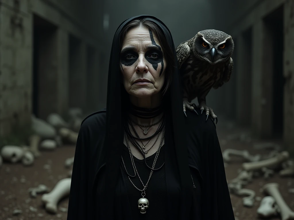 Make an old woman , She's all in black,  she has a black and white necklace with a skull pendant around her neck, Around you there is an owl of the species Rasga Mortalha,  she's in a dark place full of ruins, She has a black stripe painted on her eyes , A...