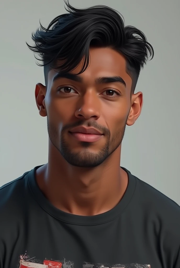 realistically, Create a black-haired man,  short and well-groomed , with a modern look ;  dark brown eyes, expressive and warm;  athletic and strong body;  light black skin ;  Relaxed style , with printed t-shirt.