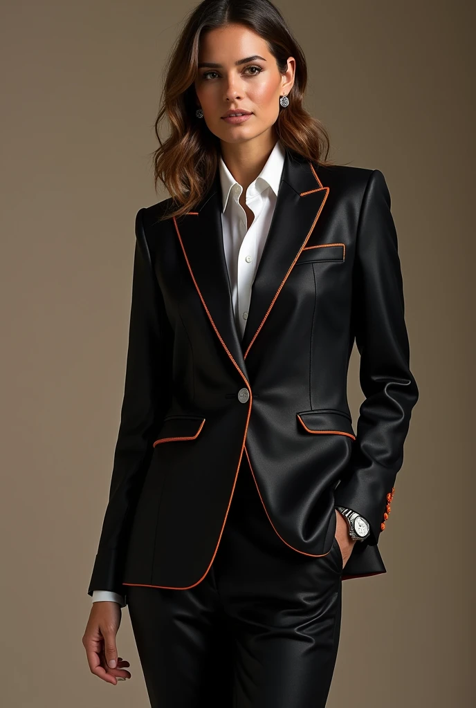 Bogi’s suit was a striking combination of sophistication and power, perfectly tailored to her athletic frame. The jacket was sleek and fitted, made from a high-quality fabric that shimmered slightly under the light. Black was the base color, but it was acc...