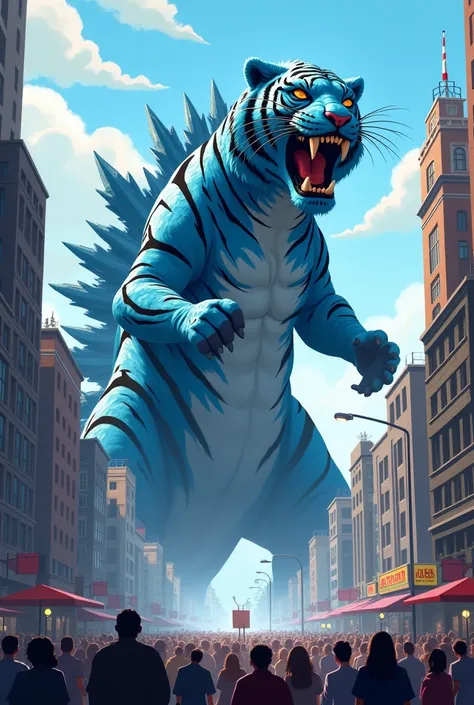 creating a gigantic building sized blue tiger with (((black stripes))), (((white underbelly))), shaped like godzilla that is attacking the city 2d. vibrant colors, simple detail, daytime, crowd of people, dramatic lighting