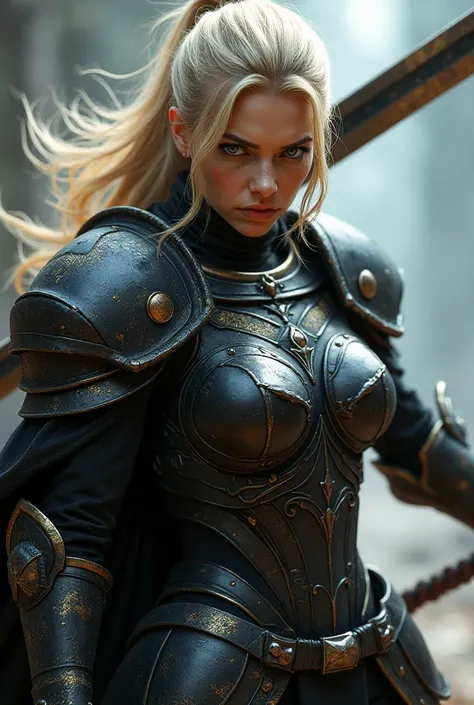 woman,  of blonde hair tied like a ponytail,  blue eyes,  black armor and gold details, Giant sword your size and angry face