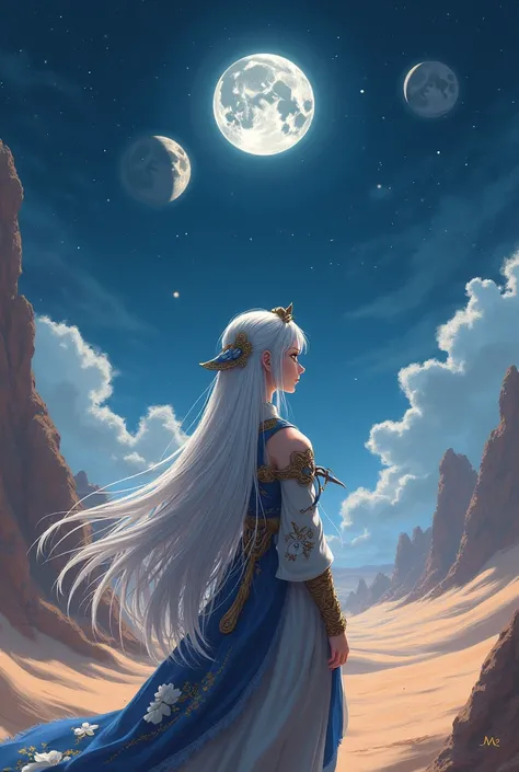 Long-haired white-haired anime-style girl in a warrior style outfit looking at the starry horizon from a realistic desert with three moons