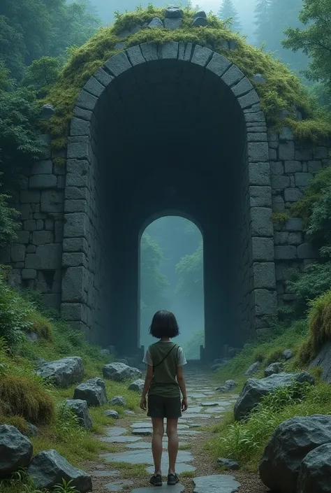 A secluded mountain village , with a dark and mysterious climate . In the background,  a huge temple entrance covered with moss and fallen stones,  with an aura of mystery .  Sofia , a 15-year-old girl with short hair and simple clothes ,  observes curious...